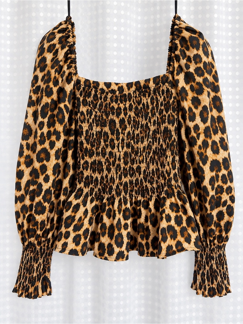 Leopard Print Smocked Peplum Top - Brown